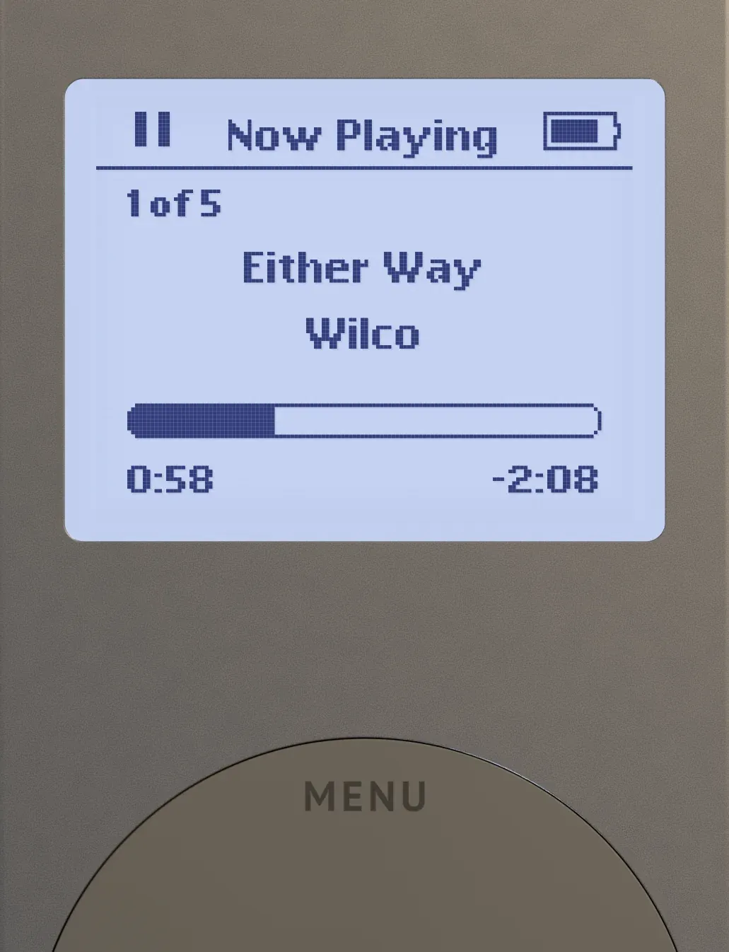 Close-up of the iPod mini render, its screen showing Now Playing, Either Way by Wilco